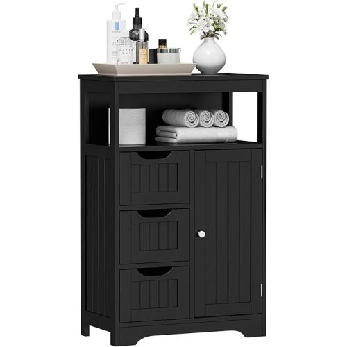 ZenStyle Bathroom Floor Cabinet, Storage Organizer with 3 Drawers and 1 Door, Free Standing Entryway Cupboard for Home Office (Black)