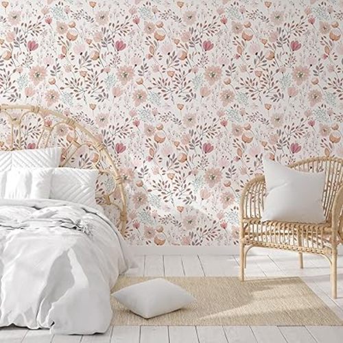 Watercolor Floral Peel and Stick Wallpaper for Nursery – Pink Botanical Removable Wall Mural for Baby Girl Room, Bedroom Accent Wall, Living Room Decor – Self-Adhesive, Easy to Apply