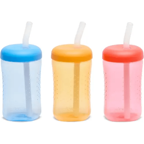 The First Years Squeeze & Sip Toddler Straw Cups - Squeezable Transition Sippy Cup with Silicone Straw - Toddler Feeding Supplies - Blue/Yelllow/Red - 7 Oz - 3 Count - Ages 6 Months and Up