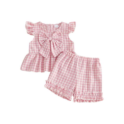 Loicainy Toddler Baby Girl Summer Outfits 6 12 18 24 Months 2T 3T 4T Plaid Bowknot Front Fly Sleeve Crew Neck Tops Elastic Waist Shorts 2Pcs Clothes Set