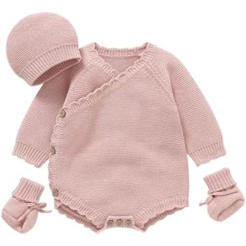 Opewod Unisex Baby 3 Piece Sweater Set Cotton Knit Romper with Hat and Booties, Long Sleeve Outfit Newborn Infant Clothes