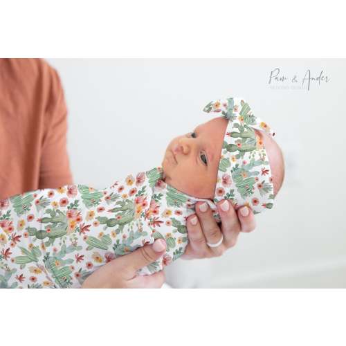 FLORAL CACTUS Baby Girl Swaddle Set, Floral Baby Accesories, Personalized Baby Name Swaddle, Baby Girl Headband