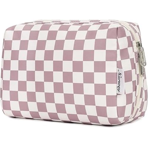 Narwey Checkered Makeup Bag Pink Travel Cosmetic Bag Organizer Toiletry Bag Make Up Bags with Compartments for Women Girls (Large, Dusty Rose Checkerboard)