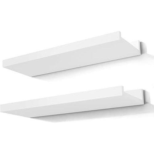 White Floating Shelves for Wall Decor, Wall Mounted Wood Storage Shelf for Bedroom, Living Room, Bathroom, Kitchen, Nursery, Display Picture Ledge Shelf with Lip Set of 2-14 Inches, White