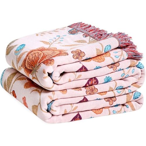 LUTBM Boho Throw Blanket for Couch Sofa Chair Cotton Summer Blankets for Bedroom Living Room All Season Soft Lightweight Reversible Floral Butterfly Embroidery Decorative Throws 50"x60" Home Decor