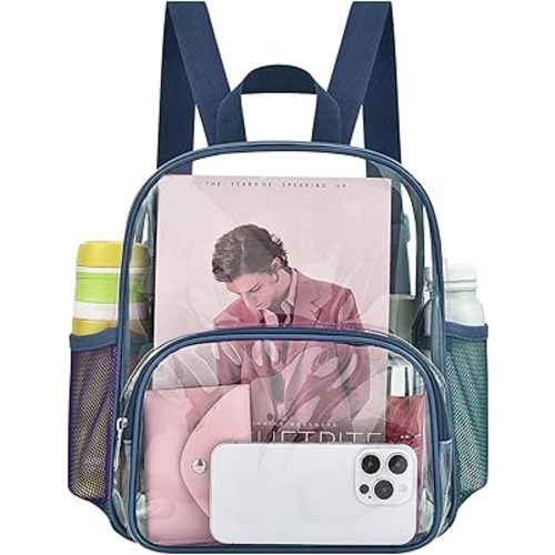 Clear Backpack for Stadium Events Clear Backpack 12x12x6 with Front Pocket for Concert Sport Events Work Travel (Navy Blue)