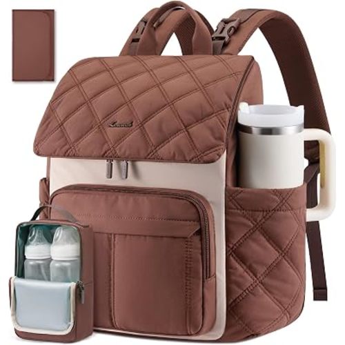 LOVEVOOK Diaper Bag Backpack With Pocket For Large Capacity Cup,Multi-Function Baby Travel Bag For Mom Dad,Waterproof Baby Bag for Boys Girls with Changing Pad,Insulated Bag,Stroller Straps,Brown