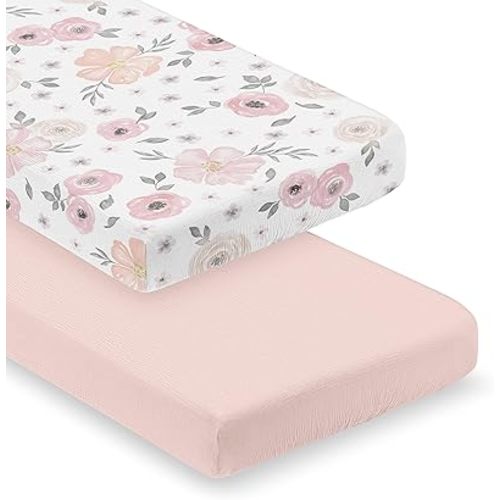Sweet Jojo Designs 2-Piece Muslin Crib Sheets (Pink Boho Floral) for Baby Girls, Infant Nursery, Toddler Room - Standard Size 100% Cotton Sheet Set (Solid Blush & Bohemian Farmhouse Shabby Watercolor)