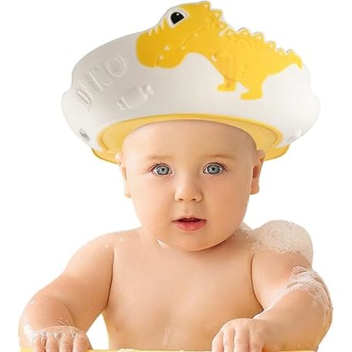 FUNUPUP Baby Shower Cap for Kids, Baby Bath Shampoo Visor Cap Hair Washing Shield Adjustable, Yellow Dinosaur