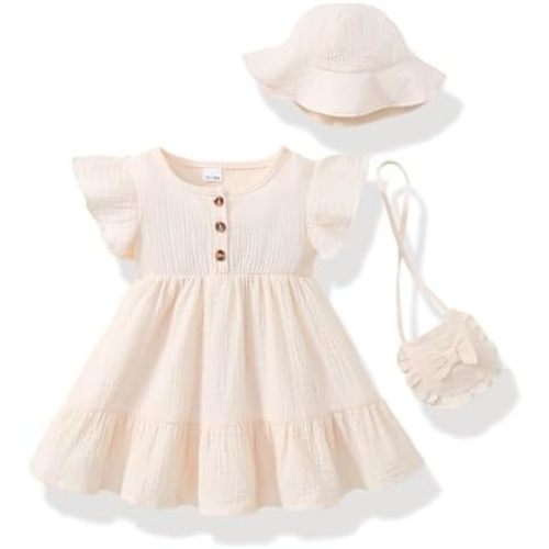 Baby Girl Clothes Toddler Girl Summer Dress Ruffle Fly Sleeve Casual Dresses Sundress for Girls with Hat and Bag