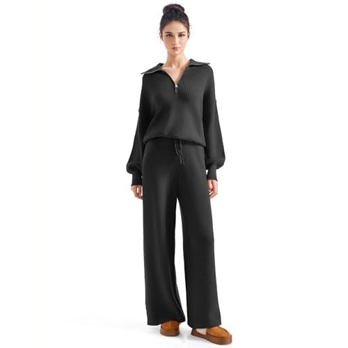 SUUKSESS Women 2 Piece Lounge Sets Oversized Quarter Zip Pullover Wide Leg Pants