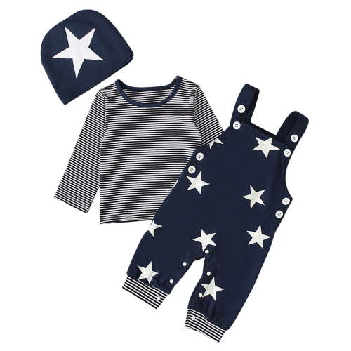 Penkiiy Toddler Boy Star Print Pattern Long Sleeve Overalls Clothes Hat Three-piece Sute Toddler Boy Summer Clothes 3-6 Months Blue On Sale