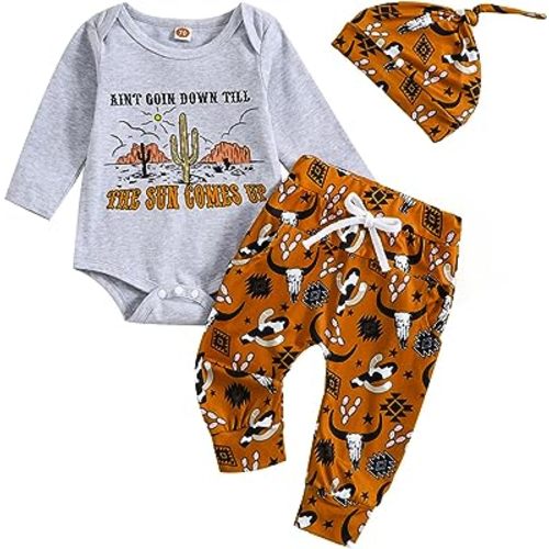 Baby Boy Cowboy Outfit Newborn Western Country Boy Clothes Cow Print Letter Bodysuit+Long Pants+Cap 3pcs Fall Clothes