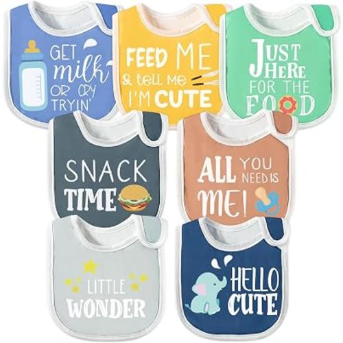 7Pcs Cotton Waterproof Baby Bibs Hook Loop Closure Newborn Bib Keepsake Baby Gift for Drooling Feeding Eating