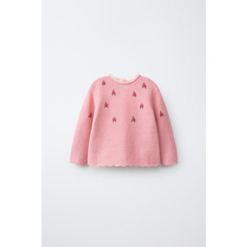 FLORAL EMBROIDERED AND LACE TRIM KNIT JUMPER - Light pink | ZARA United States