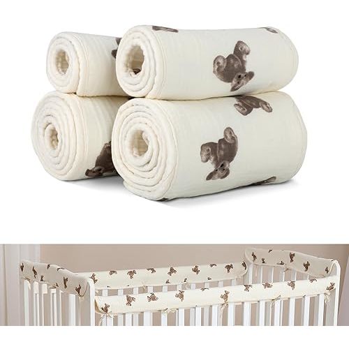 4pcs Guardrail Cover,Crib Rail Cover&Corner Guard Coverage Straps 100% Cotton Protect Baby Teeth Crib Rail Covers for Teething (2 Long 2 Short)