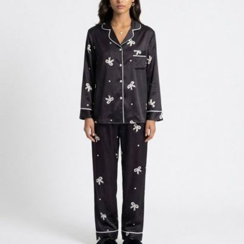 Anna-Kaci Lounge Women's Printed Satin Pajama Set with Button-Up Long Sleeve Top and Piping Detail for Everyday Wear - Small, Black