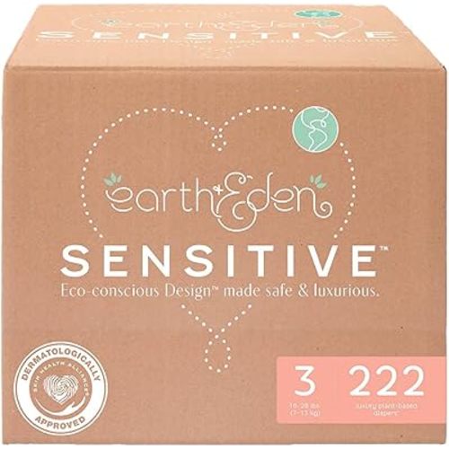 Earth & Eden Sensitive Baby Diapers, Size 3 (222 Count) - Eco-Conscious & Hypoallergenic Diapers - No Harsh Chemicals - Comfortable and Gentle on Skin - Dermatologically Approved