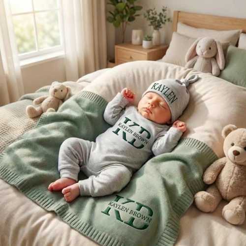 Personalized Organic Cotton Baby Name Outfit Set with Knit Blanket, Newborn Romper & Hat, Coming Home Gift Set