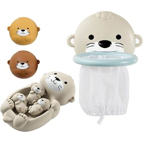 Otter Bath Toy, Otter Family Tub Toy Bathtub Floating Toy for Kids - Soft Vinyl and ABS Plastic Material - No Hole One-Piece Design (Otter Playset + Baketball Hoop + 2 Balls)