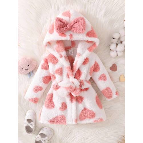 Long Sleeve Full Length Baby Girl Pink Plush Hooded Cute Pajamas With Geometric Pattern For Warm Winter Sleep | SHEIN USA