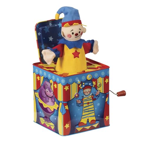 Schylling Silly Circus Jack in the Box - Classic Children's Musical Toy - Colorful Embossed Tin Box and Friendly Plush - Age 18 months and Up