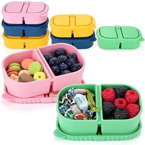 8 Pack Reusable Silicone Snack Containers with Lids - 2 Compartments Bento Snack Box (4 Colors) for School, Office and Picnic Ideal Portable Small Food Storage Box