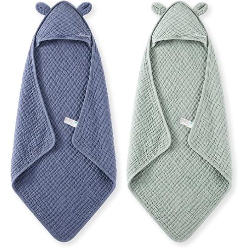 Momcozy Baby Towels, 6-Layer 100% Cotton Muslin Hooded Baby Towel Set for Newborn, Infant & Toddler, Soft Absorbent Baby Bath Essentials, Large 32 x 32 Inch