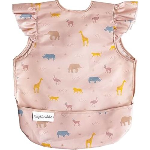 Tiny Twinkle Short Sleeve Apron Baby & Toddler Bib for Girls – Waterproof, Mess-Proof Bibs for Eating & Feeding, Machine Washable,Perfect Holiday Gift (Petite Safari, 6–24M)