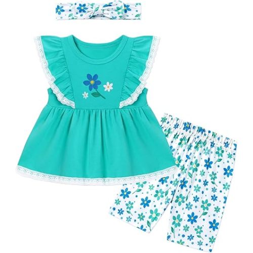 Toddler Baby Girl Shorts Set Summer Clothes 3 Piece Outfit Cute Ruffle Tops ＋ Floral Shorts ＋ Bows Headband 6M-4T