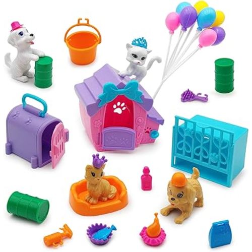Dolls Accessories Playsets Dog Cat Figures with House Cage Pet Pretend Play Toys for Doll Toddlers 3-5 Age 5-7 Girls Kids Brithday Gifts