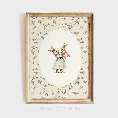 Vintage Rabbit Mother and Baby Yellow Floral Print: Sunny Bunny Nursery Art