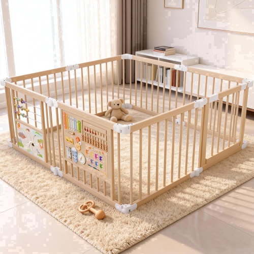 Foldable Wooden Baby Playpen with 2 Game Boards for Infant Girls & Boys, 10+ Toy Set, Large Play Yard Fence W/ Gate for Toddlers, 63"x63"x24"