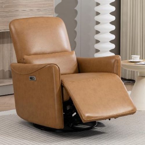 Power Swivel Recliner Chair, Faux Leather Glider Electric Rocking Chair for Adults. Nursery Rocker Chair with Lumbar Support. Type-C&USB, Brown
