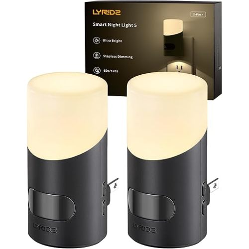 Lyridz LED Night Lights Plug into Wall with Motion Sensor, 1-150LM Dimmable Plug-in Nightlight Indoor for Bedroom, Bathroom, Hallway, Stairs, Pet House, Toilet, 2 Pack