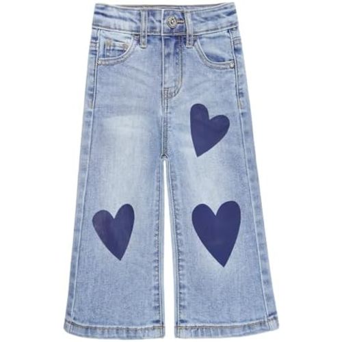 KIDSCOOL SPACE Baby Girsl Wide-Leg Jeans,Heart-shapped Leather Decoration Denim Pants