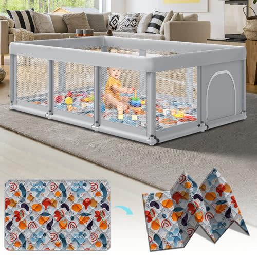 Fshibila 74" ×50" Large Baby Playpen, Baby Playard for Babies and Toddlers, Play Pens for Indoor & Outdoor, Sturdy Safety Play Yard with Soft Breathable Mesh, Anti-Fall, Grey (with MAT)