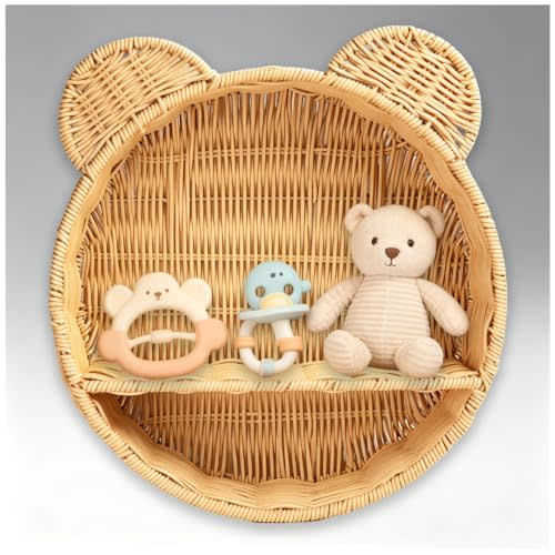 Bear Themed Decor Rattan Wall Hanging Basket floating-shelves, f Waterproof Bear Wall Decor & Shelf, Rustic Vintage Hanging Storage Basket