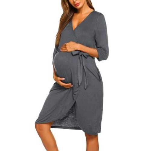 Ekouaer Maternity Robe Nursing Robes for Hospital Labor Delivery V Neck Pregnancy Bathrobe Womens Postpartum Nightgown Grey XXL
