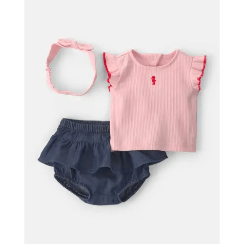 Baby Girl 3-Piece Headband, Top & Chambray Short Set - Pink | Carter's