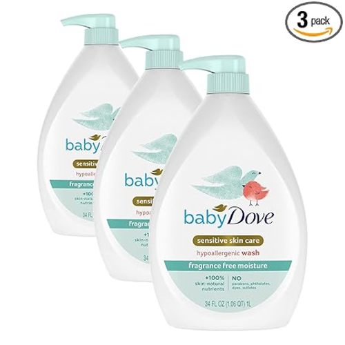 Baby Dove Sensitive Skin Care Baby Wash Fragrance Free Moisture For Baby Bath Time Fragrance Free and Hypoallergenic, Washes Away Bacteria 34 oz (Pack of 3)