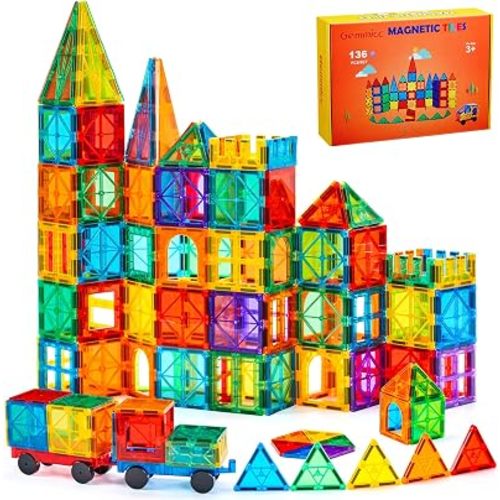 Gemmicc Magnetic Tiles, Deluxe 136 PCS Building Blocks Magnet Toys for Kids,3D Magnet Puzzles Stacking Blocks for Boys Girls,Huge Set with 2 Cars