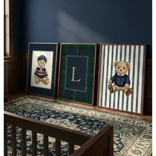 Ralph Lauren Inspired Set Of 3 Poster: Boy Nursery Decor, Classic Custom Initials Print & Teddy Bear Art, Polo Bear Vintage Playroom Prints