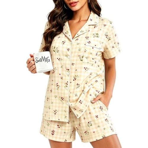 SWOMOG 100% Cotton Pajamas for Women Set, 2 Pieces Button Down Pjs Set