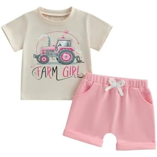 Fernvia Baby Girl Summer Clothes 3 6 12 18 24 Months Toddler Outfit Letter Tractor Short Sleeve Shirt Tops Shorts Set