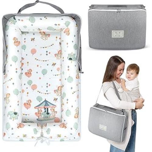 Baby Lounger for Newborn 0-24 Months, Portable Infant Lounger with Soft Breathable Cotton, Adjustable Size Lengthen Space Lightweight & Washable Essentials for Home (3. Carousel)