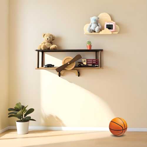 Brown wall mounted airplane shelf, beige cloud floating shelf, aviation nursery decor, wooden kids bookshelf, birthday baby gift idea
