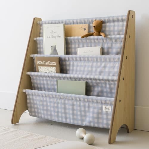 3 Sprouts Recycled Fabric Kids Bookshelf 4-Tier Sling Book Rack Organizer - Nursery Room Playroom Classroom Wooden Book Shelves - Kid Bookcase Wood Storage Shelf for Toddler Age 3+ - Gingham Blue