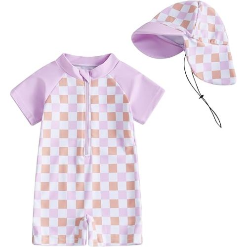 Baby Boy Girl Swimsuit Toddler Checkered Print Half Zip One Piece Bathing Suit Swimsuit Rash Guard Surfing Suit Hat