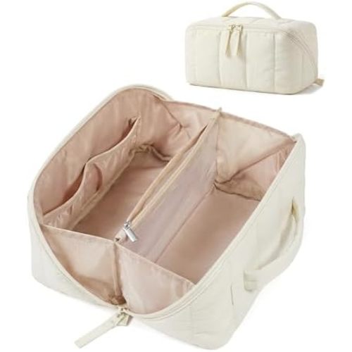 BAGSMART Travel Makeup Bag for Women, Portable Water-resistant Cosmetic Case, Puffy Padded Make Up Organizer Pouch, Open Flat Toiletry Bag for Toiletries, Brushes, Light Beige